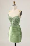 Bodycon Sequins Ruched Sage Green Short Cocktail Dress