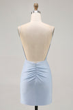 Blue Beaded Spaghetti Straps Bodycon Short Ball Dress