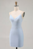 Blue Beaded Spaghetti Straps Bodycon Short Ball Dress