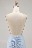 Blue Beaded Spaghetti Straps Bodycon Short Ball Dress
