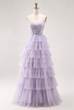 Lilac A Line Beaded Corset Tiered Long Prom Dress with Slit