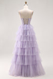 Lilac A Line Beaded Corset Tiered Long Prom Dress with Slit