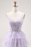 Lilac A Line Beaded Corset Tiered Long Prom Dress with Slit