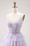 Lilac A Line Beaded Corset Tiered Long Prom Dress with Slit