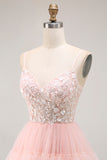 Blush A Line Corset Sequins Tiered Ruffle Long Prom Dress with Appliques