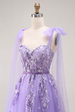 Purple A Line Sequin Lace Up Back Tulle Long Prom Dress with Bow Straps