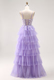 Purple A-Line Sequins Tulle Corset Tiered Long Prom Dress with Lace Up Back