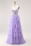 Purple A-Line Sequins Tulle Corset Tiered Long Prom Dress with Lace Up Back