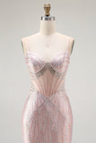 Blush Mermaid Corset Beaded Long Prom Dress with Lace Up Back