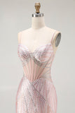 Blush Mermaid Corset Beaded Long Prom Dress with Lace Up Back