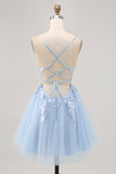 Sparkly Blue A-line Tulle Sequins Short Homecoming Dress with Lace Up Back