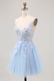 Sparkly Blue A-line Tulle Sequins Short Homecoming Dress with Lace Up Back