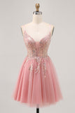 Sparkly Blush A-line Tulle Sequins Short Homecoming Dress with Lace Up Back