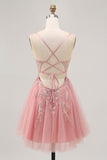 Sparkly Blush A-line Tulle Sequins Short Homecoming Dress with Lace Up Back
