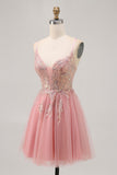 Sparkly Blush A-line Tulle Sequins Short Homecoming Dress with Lace Up Back