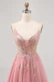 Sparkly Blush A-line Tulle Sequins Short Homecoming Dress with Lace Up Back