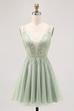Green A-line Tulle Backless Beaded Short Homecoming Dress with Sequins
