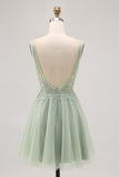 Green A-line Tulle Backless Beaded Short Homecoming Dress with Sequins