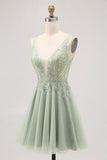 Green A-line Tulle Backless Beaded Short Homecoming Dress with Sequins