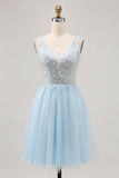 Sparkly Blue A-line Tulle Short Homecoming Dress with Sequins