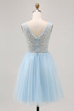 Sparkly Blue A-line Tulle Short Homecoming Dress with Sequins