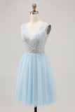 Sparkly Blue A-line Tulle Short Homecoming Dress with Sequins
