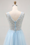 Sparkly Blue A-line Tulle Short Homecoming Dress with Sequins
