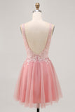 A-line Tulle Blush Sequins Backless Short Homecoming Dress with Beading
