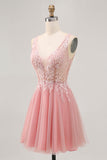 A-line Tulle Blush Sequins Backless Short Homecoming Dress with Beading