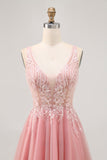 A-line Tulle Blush Sequins Backless Short Homecoming Dress with Beading