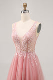 A-line Tulle Blush Sequins Backless Short Homecoming Dress with Beading