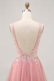 A-line Tulle Blush Sequins Backless Short Homecoming Dress with Beading