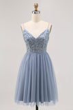 Grey Blue A-line Tulle Short Homecoming Dress with Beading