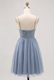 Grey Blue A-line Tulle Short Homecoming Dress with Beading