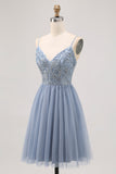 Grey Blue A-line Tulle Short Homecoming Dress with Beading