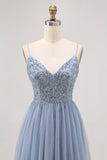 Grey Blue A-line Tulle Short Homecoming Dress with Beading