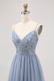 Grey Blue A-line Tulle Short Homecoming Dress with Beading
