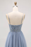 Grey Blue A-line Tulle Short Homecoming Dress with Beading