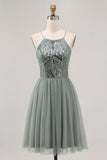 Grey Green A-line Tulle Sequins Short Homecoming Dress with Sequins