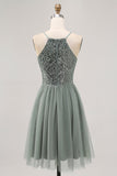 Grey Green A-line Tulle Sequins Short Homecoming Dress with Sequins