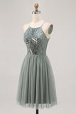 Grey Green A-line Tulle Sequins Short Homecoming Dress with Sequins