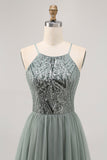 Grey Green A-line Tulle Sequins Short Homecoming Dress with Sequins