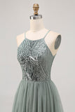 Grey Green A-line Tulle Sequins Short Homecoming Dress with Sequins