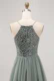 Grey Green A-line Tulle Sequins Short Homecoming Dress with Sequins