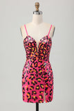 Fuchsia Bodycon Spaghetti Straps Sequins Homecoming Dress with Slit