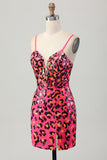 Fuchsia Bodycon Spaghetti Straps Sequins Homecoming Dress with Slit