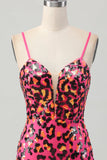 Fuchsia Bodycon Spaghetti Straps Sequins Homecoming Dress with Slit