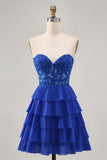 Strapless A-Line Beaded Tiered Royal Blue Cocktail Dress