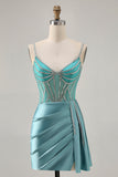 Sparkly Green Satin Bodycon Beaded Short Cocktail Dress with Streamer