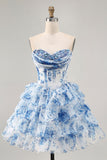 White Blue Flower A-Line Strapless Sequins Printed Cocktail Dress